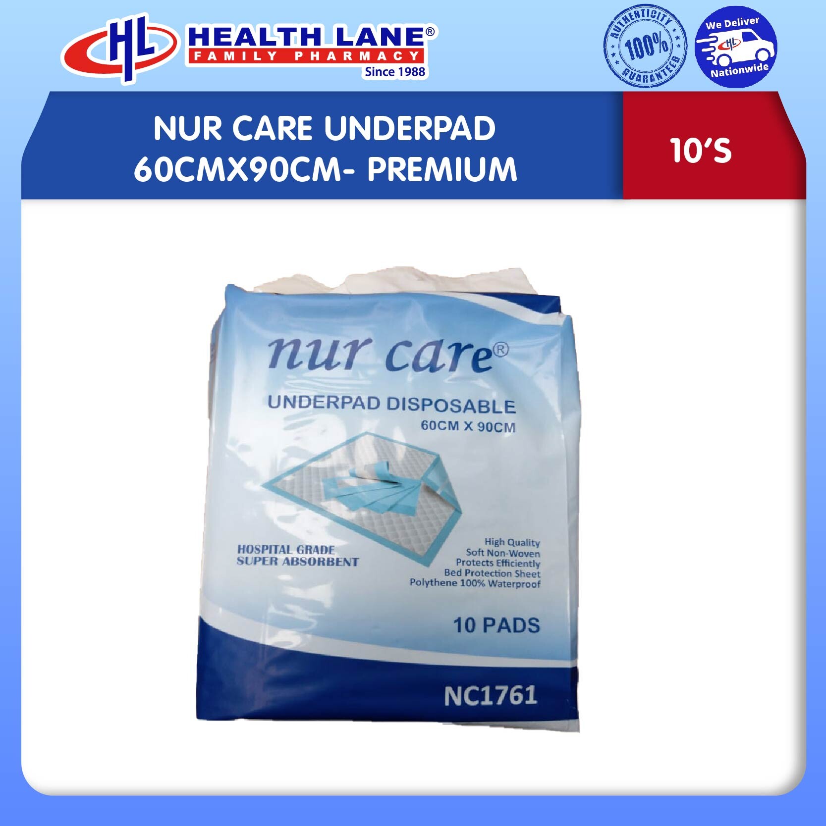 NUR CARE UNDERPAD 60CMX90CM- PREMIUM (10'S)